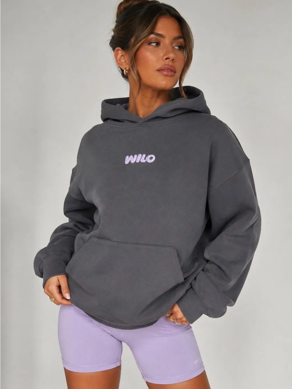 WILO The Label Gray Hoodie + Lilac Ribbed Biker Shorts Set 💜
